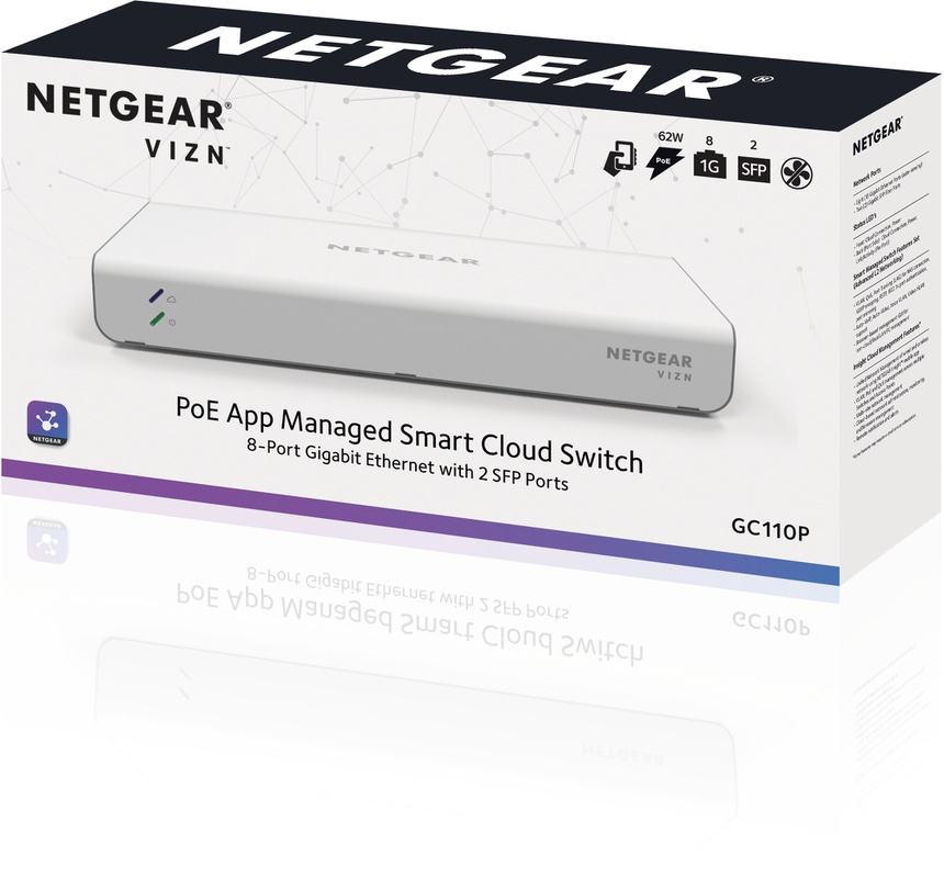 Netgear Insight Managed 8-poorts Gigabit Ethernet PoE Smart Cloud Desktop Switch met 2 SFP-glasvezelpoorten (62 W)
