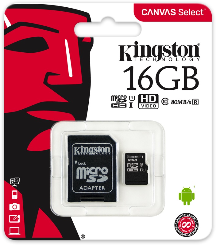 Kingston Canvas Select 16 GB microSDHC - Class 10/UHS-I (U1) - 80 MB/s Read - 10 MB/s Write