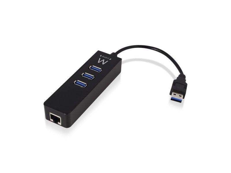 Ewent 3.0 USB Hub (USB 3.1 Gen1), 3 poorts, met 1 Gigabit netwerk poort, zwart
