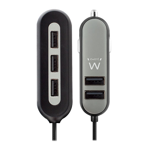 Ewent USB autolader, 5 (2+3) poort, 10.8A, zwart/grijs (EW1355)